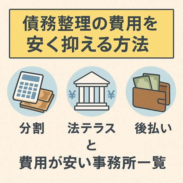 債務整理の費用を安く抑える方法|分割払い・後払い・法テラスを使って節約する方法の図解イメージ